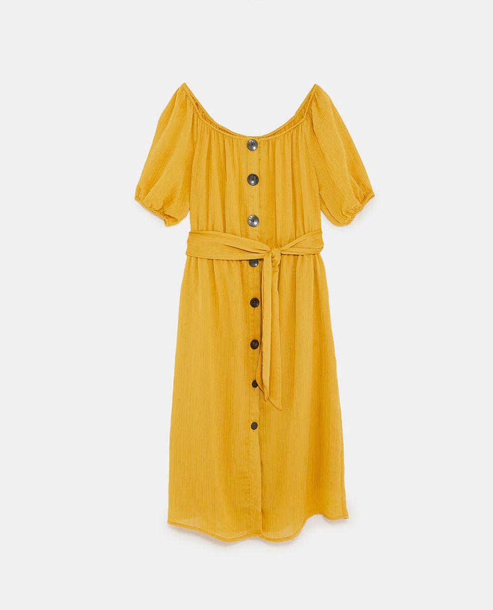 Clothing, Yellow, Sleeve, Dress, Shoulder, Button, Blouse, Joint, Day dress, Outerwear, 