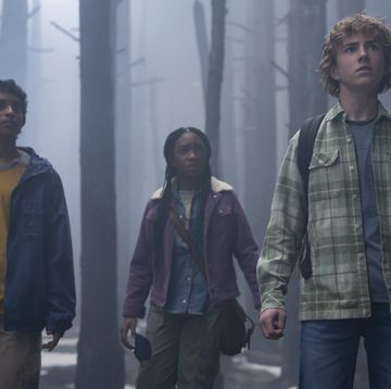 the stars of percy jackson and the olympians walking in a foggy forest