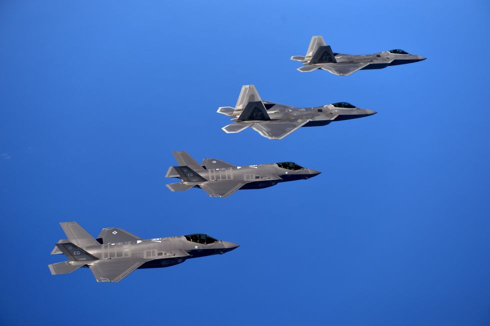 f 22 raptors from the 94th fighter squadron, joint base langley eustis, va, and f 35a lightning iis from the 58th fighter squadron, eglin air force base, fla, fly in formation after completing an integration training mission over the eglin training range, florida, nov 5, 2014 the purpose of the training was to improve integrated employment of fifth generation assets and tactics the f 35s and f 22s flew offensive counter air, defensive counter air and interdiction missions, maximizing effects by employing fifth generation capabilities together us air force photomaster sgt shane a cuomo