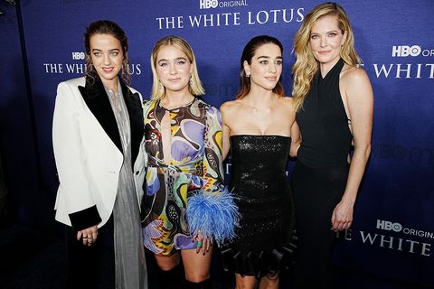 los angeles, california   october 20 l r beatrice grannò, haley lu richardson, simona tabasco and meghann fahy attend the los angeles season 2 premiere of hbo original series "the white lotus" at goya studios on october 20, 2022 in los angeles, california photo by jeff kravitzfilmmagic for hbo