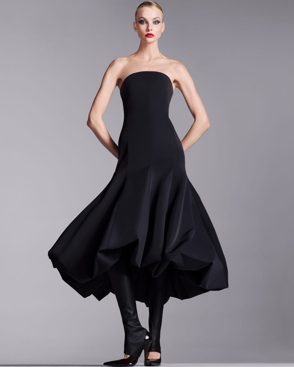 strapless black dress with unique flowing design