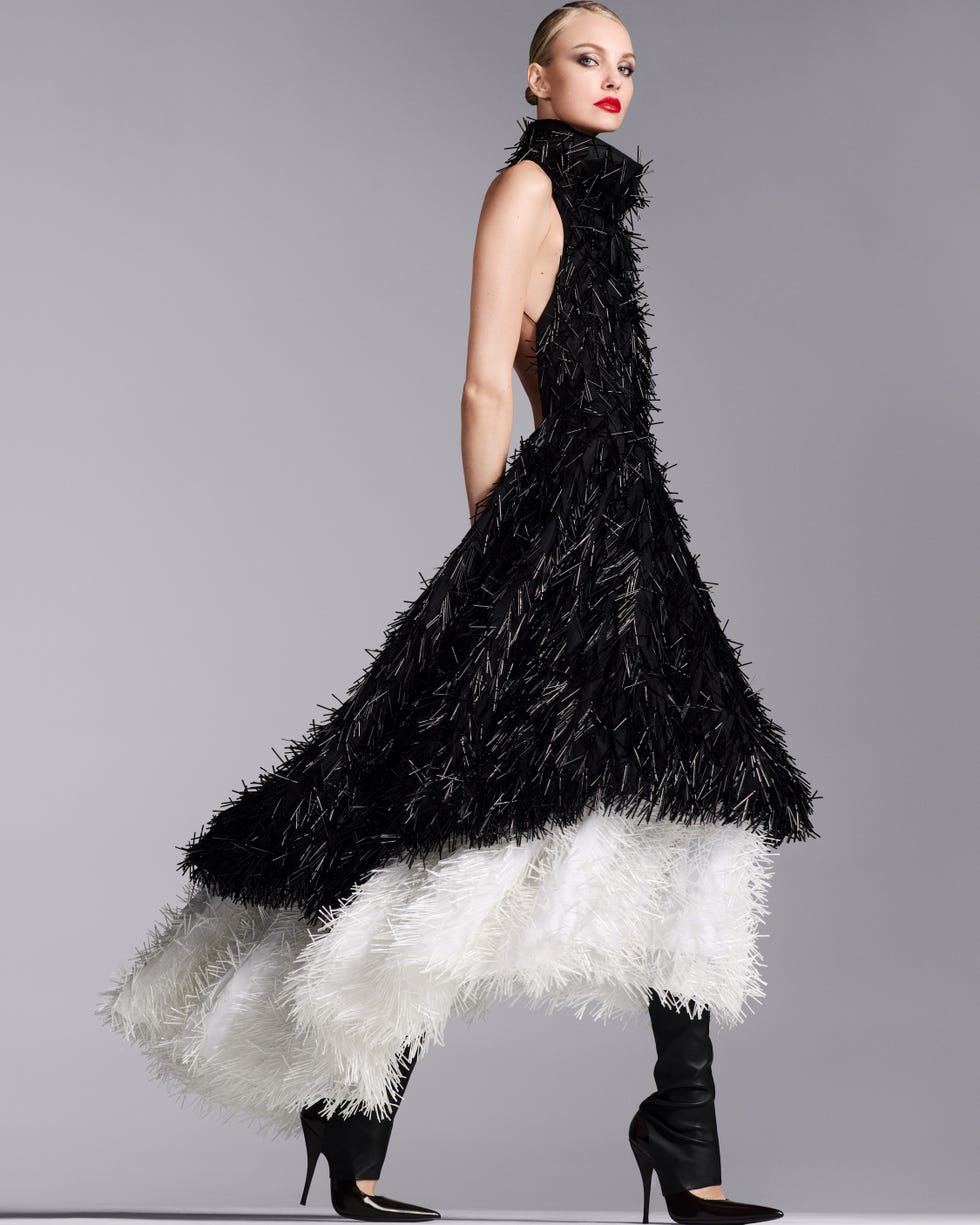 highfashion dress with dramatic textures in black and white