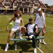 two women and one man on green bench in kith x wilson tennis collection