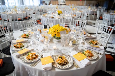 Wedding banquet, Decoration, Yellow, Meal, Rehearsal dinner, Table, Banquet, Finger food, Centrepiece, Wedding reception, 