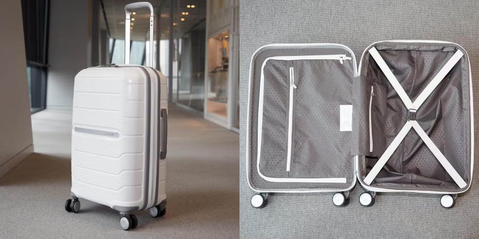 a samsonite suitcase upright and lying open in a hallway