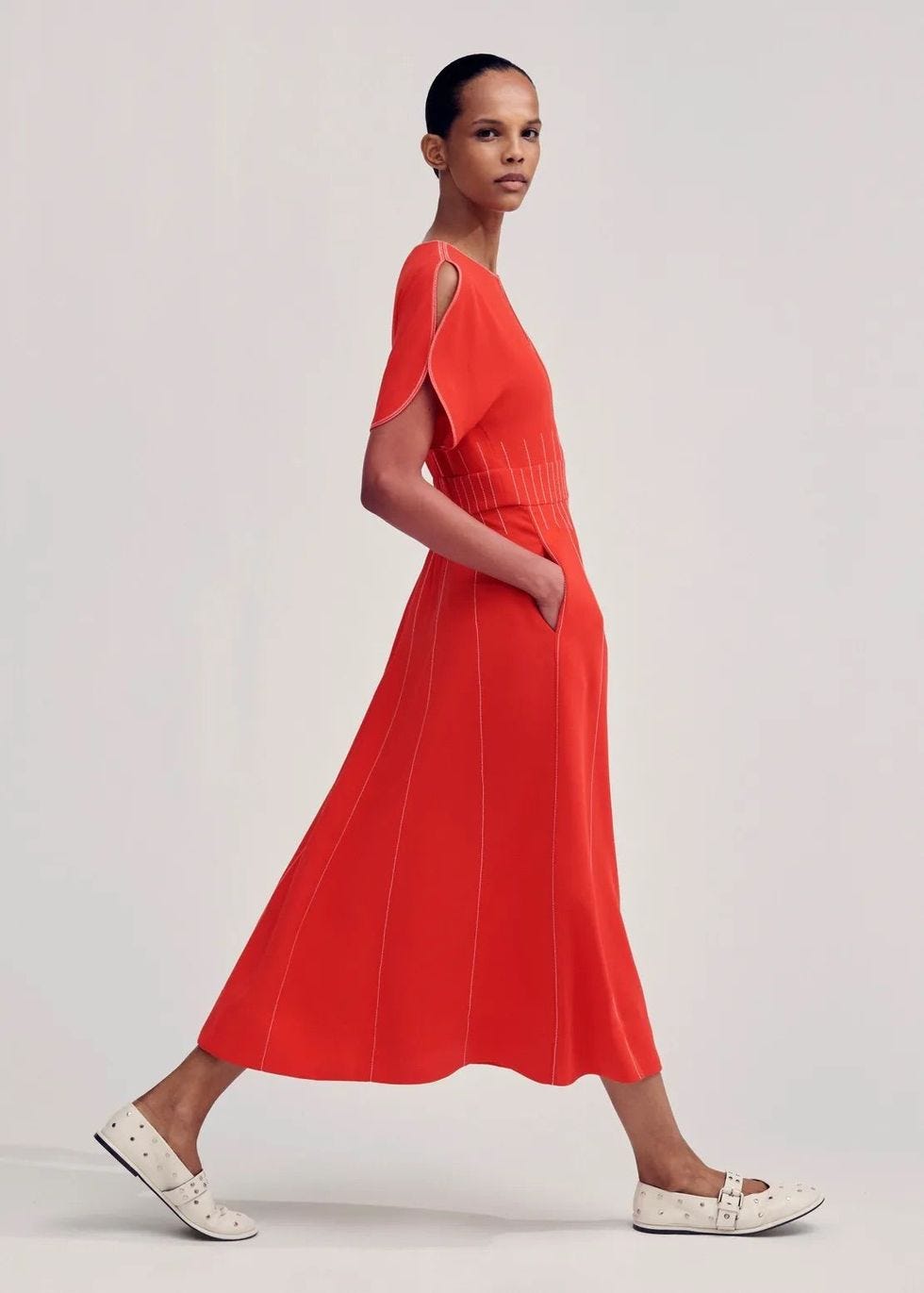 me and em contrast stitch midi dress poppy