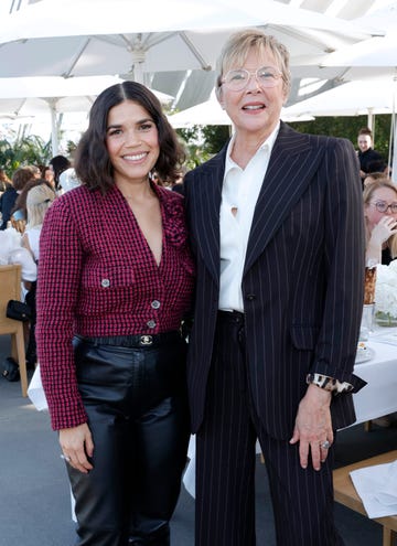 los angeles, california november 09 l r america ferrera, wearing chanel, and annette bening attend the academy womens luncheon presented by chanel at the academy museum of motion pictures on november 09, 2023 in los angeles, california photo by stefanie keenanwireimage