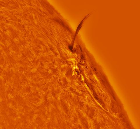 Deze foto toont een uitbarstende protuberans op het oppervlak van de zon