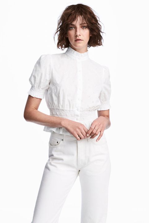 White, Clothing, Sleeve, Neck, Shoulder, Blouse, Top, Outerwear, Shirt, Jeans, 