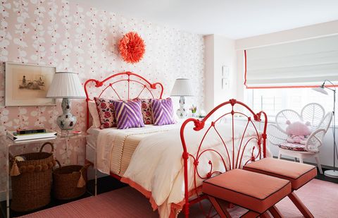 Bedroom, Bed, Furniture, Room, Pink, Bed frame, Red, Bed sheet, Interior design, Decoration, 