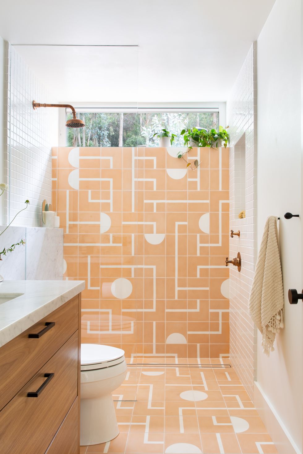 modern bathroom ideas orange geometric shower tile