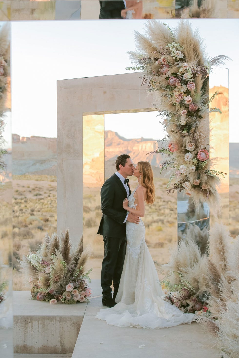 Photograph, Bride, Wedding dress, Dress, Gown, Ceremony, Wedding, Yellow, Arch, Architecture, 