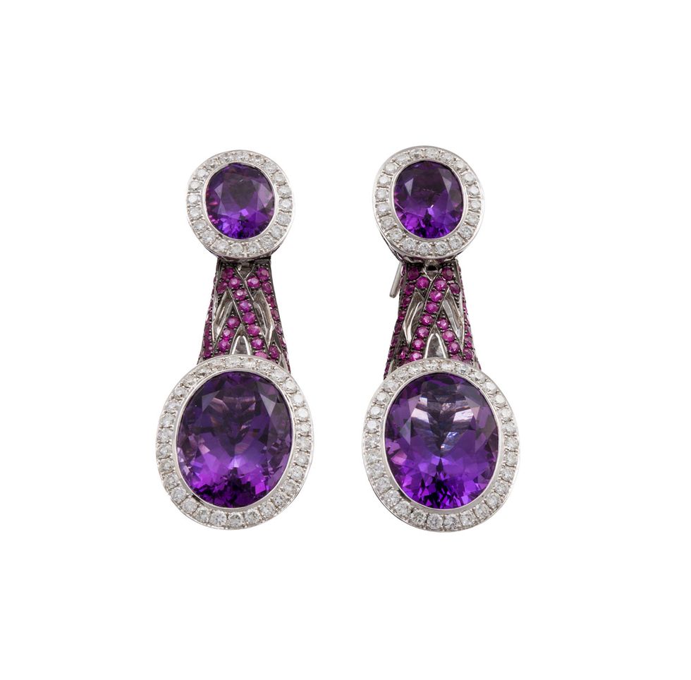 Earrings, Amethyst, Jewellery, Fashion accessory, Purple, Gemstone, Violet, Body jewelry, Product, Diamond, 
