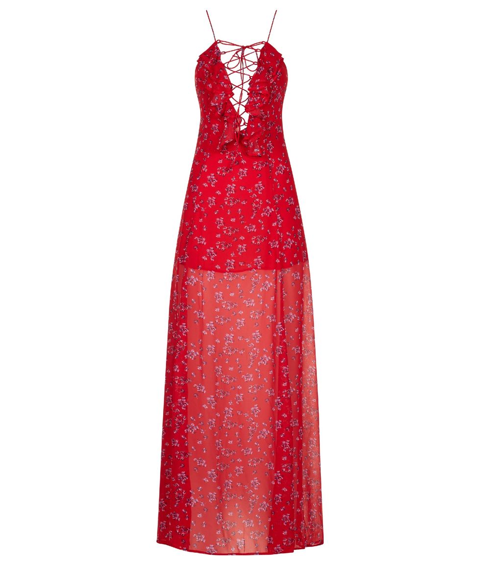 Clothing, Dress, Day dress, Gown, Red, Formal wear, Cocktail dress, Neck, Pattern, One-piece garment, 