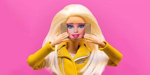 Pink, Toy, Yellow, Doll, Barbie, Blond, Action figure, Wig, Mouth, Long hair, 