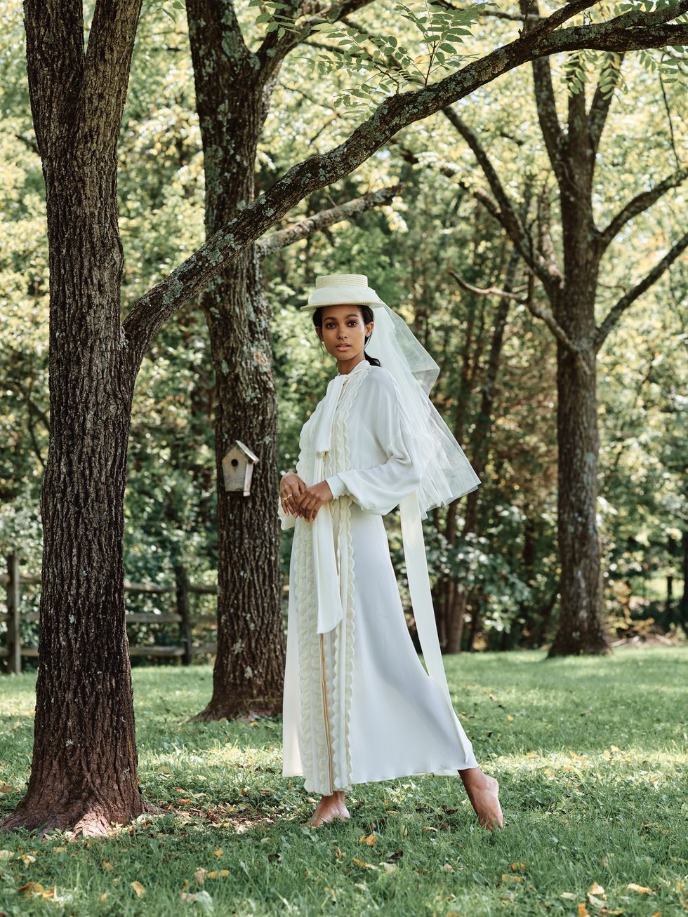 White, Clothing, Outerwear, Robe, Tree, Spring, Dress, Grass, Lawn, Plant, 
