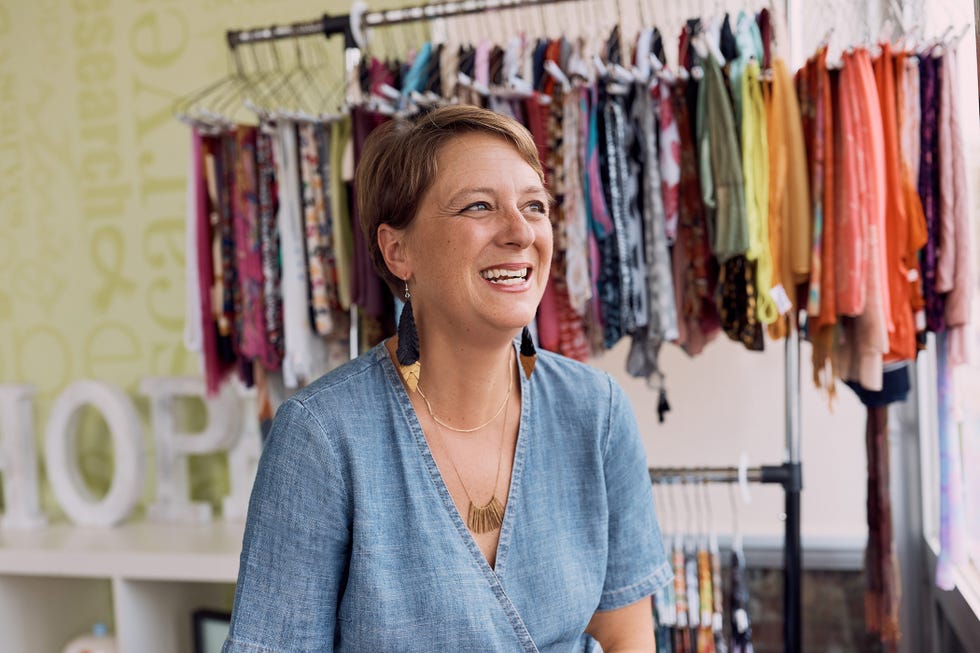 A woman smiling