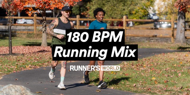 two individuals running on a path surrounded by autumn foliage with a focus on a running mix title