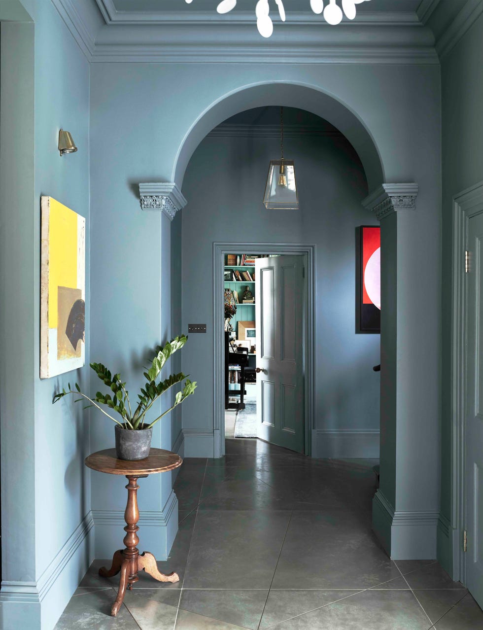 a hallway painted blue