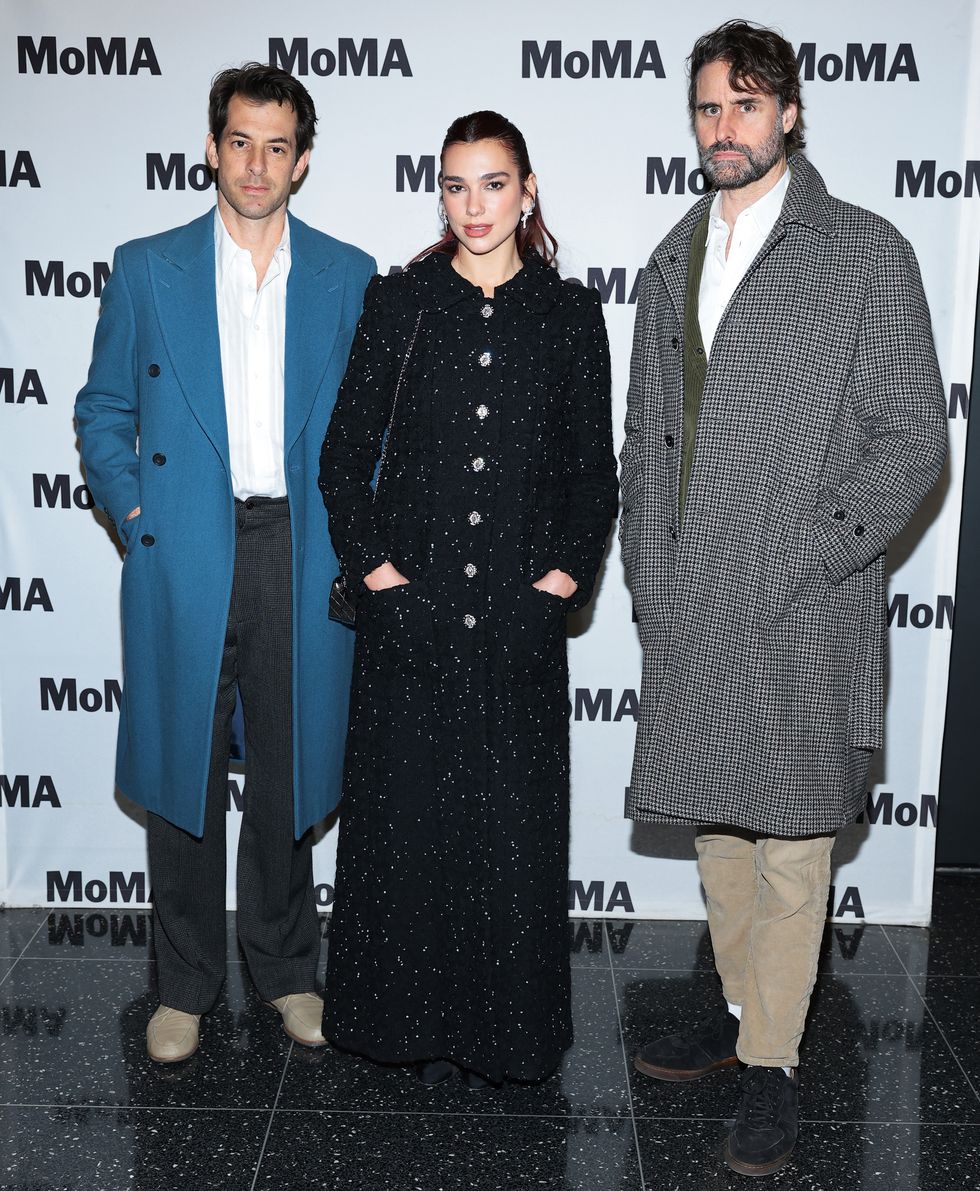 new york, new york november 30 l r mark ronson, dua lipa, wearing chanel, and andrew hyatt attend momas the contenders 2023 screening of barbie, film at moma is made possible by chanel at museum of modern art on november 30, 2023 in new york city photo by dimitrios kambouriswireimage