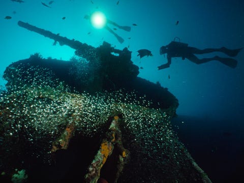 In wateren voor de kust van het eiland Espiritu Santo in Vanuatu zwemmen duikers langs een stuk geschut van de gezonken USS President Coolidge Dit luxe cruiseschip liep in 1931 van stapel en werd in de Tweede Wereldoorlog tot oorlogsschip omgebouwd Het schip zonk in 1942 nadat het bij het naderen van Espiritu Santo per ongeluk op een Amerikaanse zeemijn liep