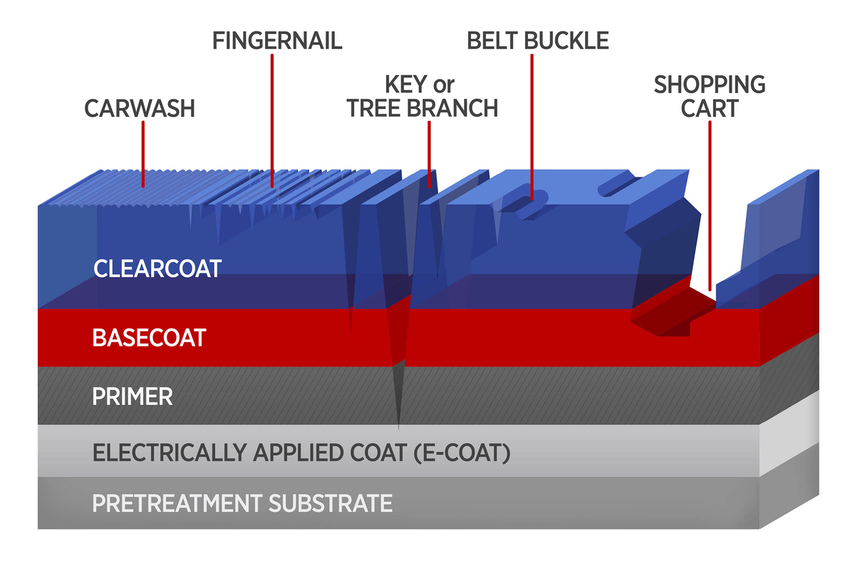 Schematic of mar and scratch damages to layers of paint on an auto body