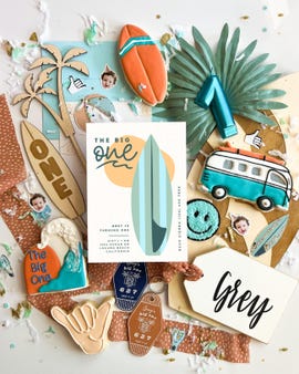 a surf themed first birthday party has tons of surf details including cookies in the shape of a vw bus or surf board and things that say t he big one
