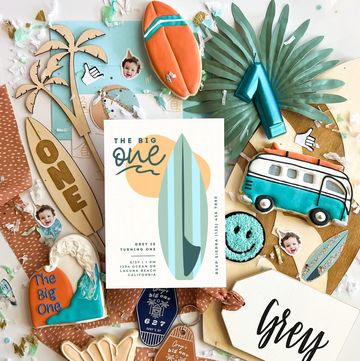 a surf themed first birthday party has tons of surf details including cookies in the shape of a vw bus or surf board and things that say t he big one