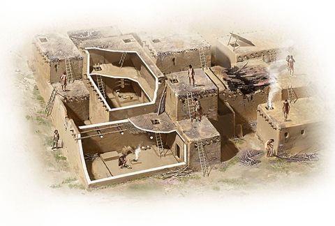 De reconstructie van atalhyk in 6000 vC laat zien hoe een typisch huis er uit kan hebben gezien Het interieur werd vaak gedecoreerd met stierenhoorns en in het hoofdvertrek waren een oven en en een haard en verhogingen waarop werd geslapen