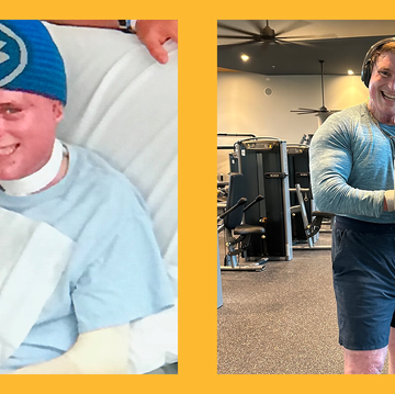 side by side of joey after his car accident and him healed at the gym