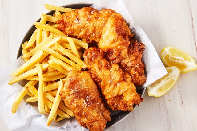 plate of crispy beer battered fish and fries