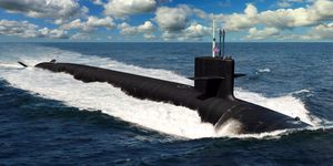 Submarine, Ballistic missile submarine, Cruise missile submarine, Vehicle, Watercraft, Ocean, Sea, Wave, Wind wave, Boat, 