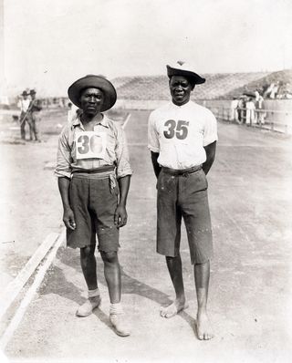 1904 olympic marathon participants, len tau left and jan mashiani of the tswana tribe of south africa