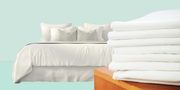 White, Bedding, Product, Bed sheet, Furniture, Textile, Linens, Mattress pad, Pillow, Room, 