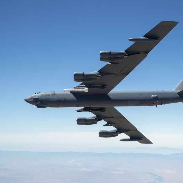 edwards air force base, calif june 12, 2019 b 52 out of edw carries arrw imv asset for its first captive carry flight over edwards air force base us air force photo by christopher okula