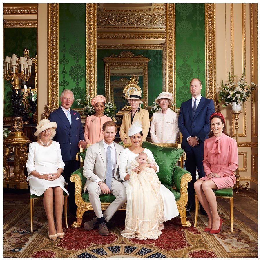 a group of people posing for a photo, prince archie christening