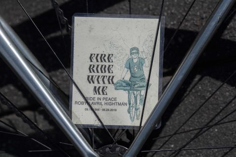 A memorial spoke card for Robyn Hightman photographed on a bike in Brooklyn, NY, Saturday, August 24, 2019.