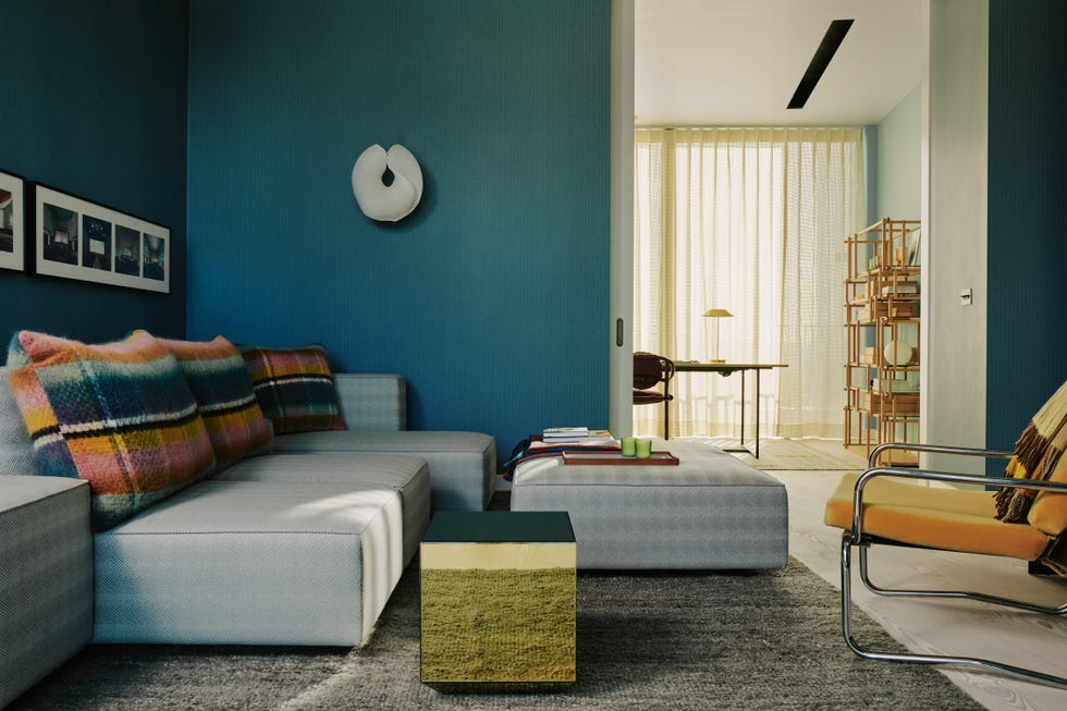Living room, Room, Furniture, Interior design, Couch, Blue, Green, Turquoise, Wall, Yellow, 