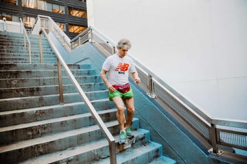 Tom McGrath running down the stairs in New York City near the Black Sheep bar in December 2019.