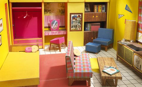Room, Yellow, Furniture, Interior design, Pink, Building, House, Dollhouse, Table, Living room, 