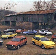 1990 chevy beretta gt and 1990 cavalier z24, 1990 dodge colt gt, 1990 geo storm gsi, 1990 honda civic si and 1990 crx si, 1990 plymouth sundance rs, 1990 pontiac lemans gse and 1990 sunbird gt, 1990 suzuki swift gt, and 1990 volkswagen gti