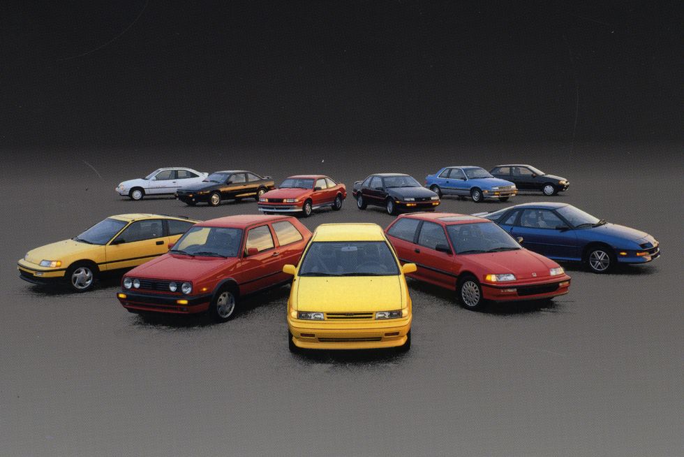 1990 chevy beretta gt and 1990 cavalier z24, 1990 dodge colt gt, 1990 geo storm gsi, 1990 honda civic si and 1990 crx si, 1990 plymouth sundance rs, 1990 pontiac lemans gse and 1990 sunbird gt, 1990 suzuki swift gt, and 1990 volkswagen gti