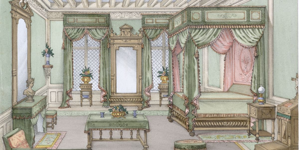 19th century european print depicting bedroom design in regency style