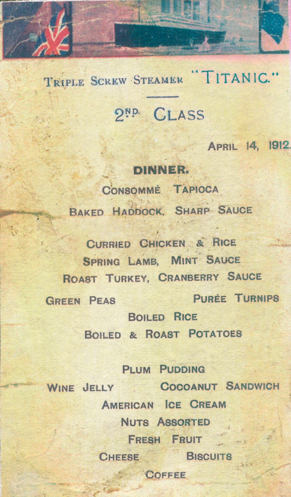 Titanic - 2nd Class Dinner Menu, 1912