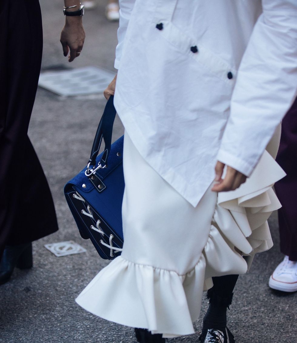 White, Clothing, Street fashion, Fashion, Black-and-white, Footwear, Outerwear, Coat, Dress, Haute couture, 