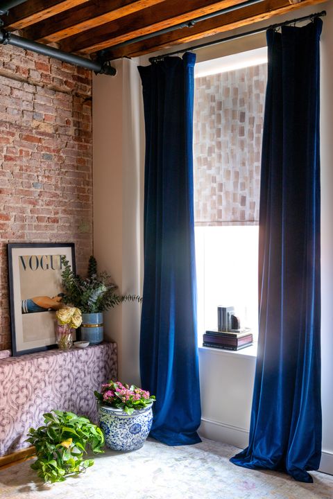 Blue, Curtain, Room, Property, Interior design, Window treatment, Textile, Azure, House, Furniture, 
