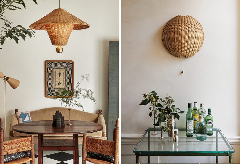 Interior design scene featuring a dining area and a decorative wall piece.