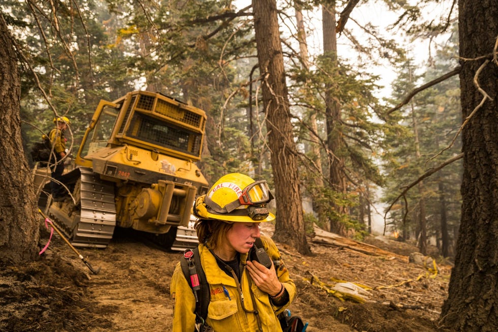 Bulldozer Bardwell geeft instructies aan de bestuurders van een bulldozer en ander zwaar materieel tijdens het opzetten van brandgangen voor het indammen van het Caldor Fire 2 september 2021 Volgens haar weet iedereen dat je branden met water kunt blussen maar niet iedereen weet dat dit soort machines hetzelfde kunnen doen Ik denk dat het echt geweldig materieel is