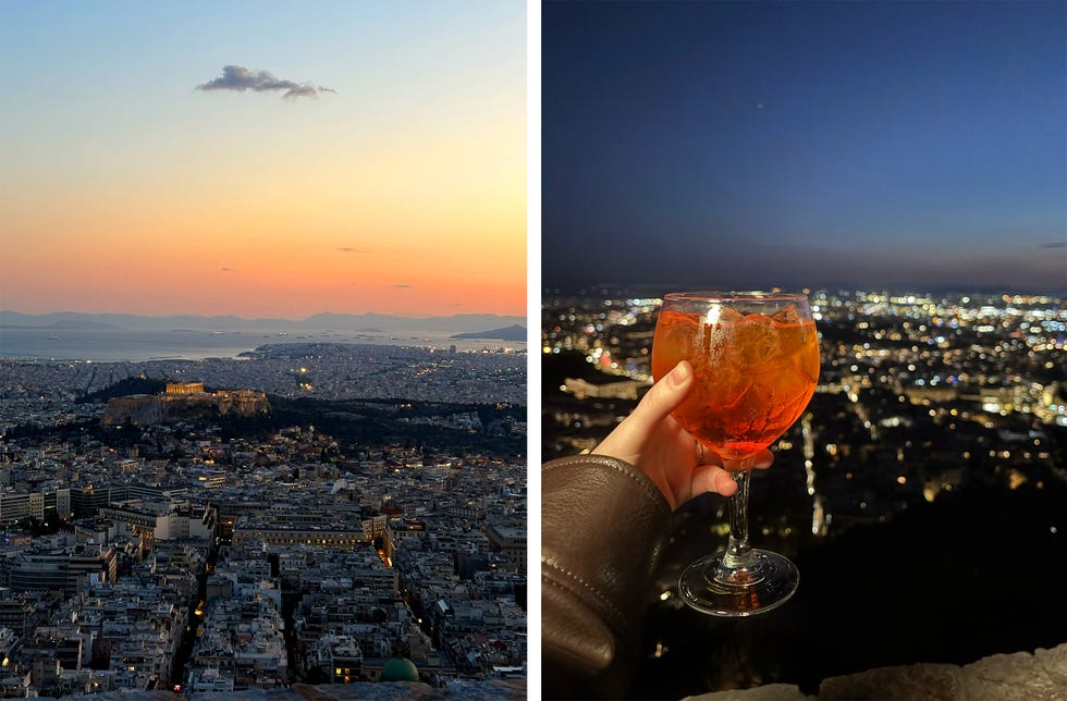 Sunset view of Athens, Greece and an aperol spritz.