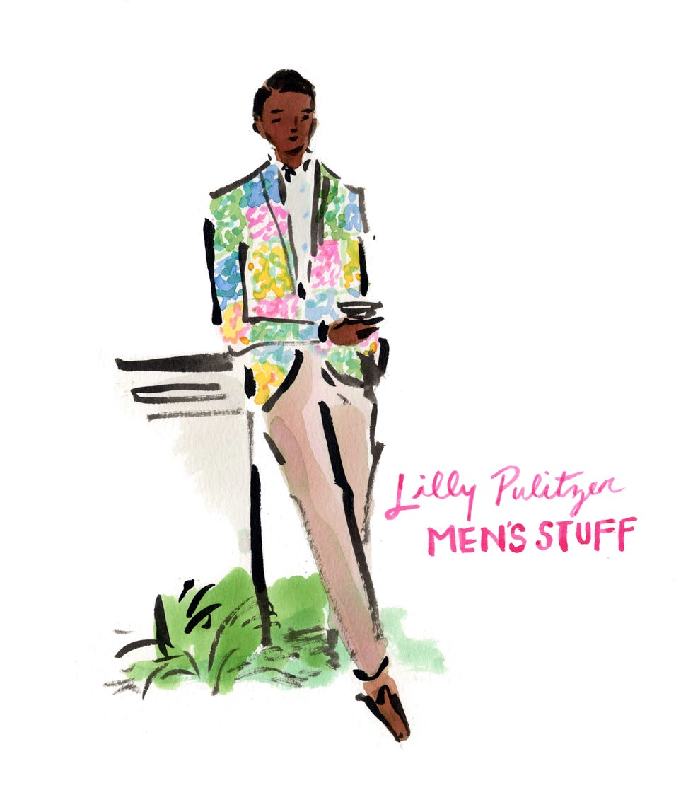 illustration of a man in a colorful jacket with text branding